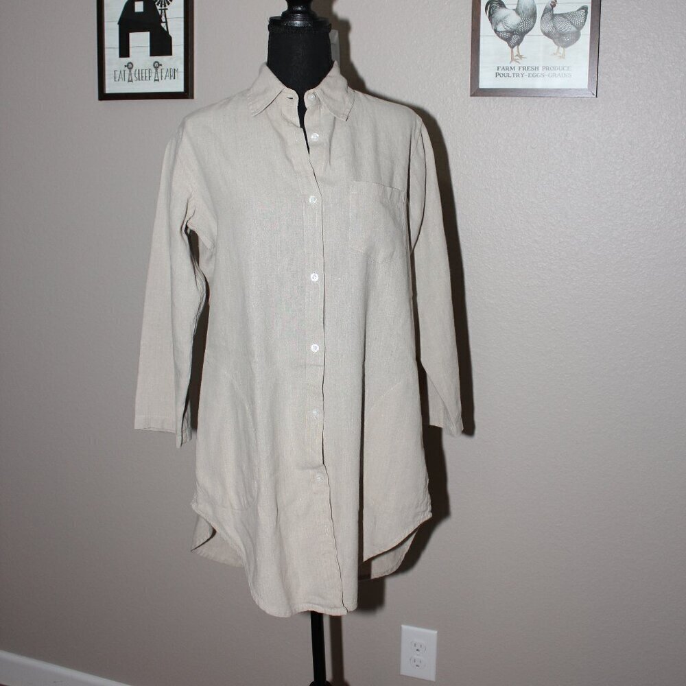 Dr. Flax Womens Linen Button Down Tunic with Pockets 3/4 Sleeve Size S/M Beige